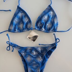 Blue Sequin Dot Triangle Bikini Set